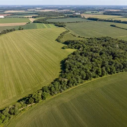 aerial view of a landscape with fields and woods