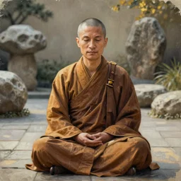 portrait of jeff bridges as a buddhist monk in the lotus position. a zen stone garden background. gritty texture. highly detailed, centered, digital painting, artstation, concept art, smooth, sharp focus, golden hour, illustration, artgerm, tim bradstreet, tomasz alen kopera, peter mohrbacher, donato giancola, joseph christian leyendecker, zdzisław beksinski, drew struzan