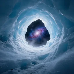 a beautiful digital artwork of an ice cave in a smooth glacier, a portal to a nebula in the background, high quality, stunning, volumetric shadows, haze, master level composition