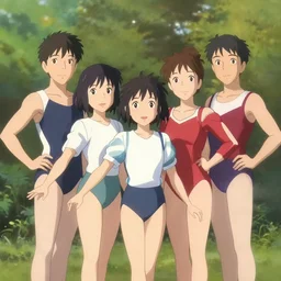 posing together in leotards. by yoshiyuki sadamoto, amagaitaro, makoto shinkai, krenz cushart, asao urata, pixiv