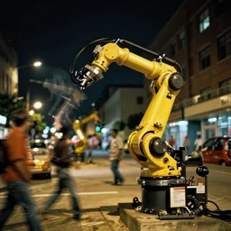 industrial robot arm rampaging through the streets of detroit at night, horror, motion blur, 4K photo