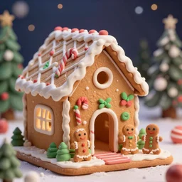 closeup of colorful miniature gingerbread house at night, gingerbread people, candy canes, forest, christmas, snow, claymation, bokeh, depth of field 1 0 0 mm, cinematic scene, studio quality, visually stunning, unreal engine, octane render