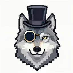 A Wolf, wearing a monocle, wearing a top hat, pixel art