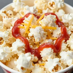 popcorn sprinkled with sugar, ketchup, and cheese