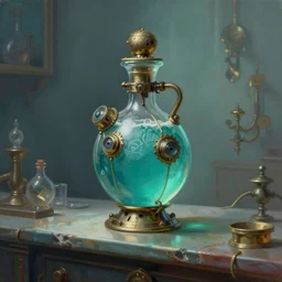a painting of a steampunk mechanical vintage aquamarine colored potion bottle, on the edge of a counter by h. r. giger, hyperrealistic fantasy art, concept matte, ethereal, dreamy, digital art, trending on artstation, volumetric cinematic lighting