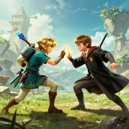 Harry Potter fighting Link in Legend of Zelda Breath of the Wild, 4k, concept art, trending on artstation