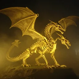 skeleton of a dragon at night, 4 k, photorealistic, yellow light, volumetric, foggy