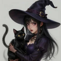mischievous young witch with her black cat familiar, highly detailed, digital painting, artstation, concept art, smooth, sharp focus, illustration, Unreal Engine 5, 8K, art by Studio Trigger