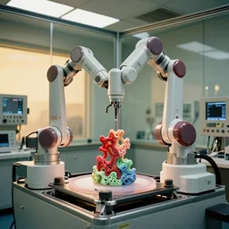 a complex bifurcated robotic cnc surgical arm cybernetic symbiosis hybrid mri 3 d printer machine making red, green, blue pastel colored organic ceramic fractal forms in a glass room laboratory room with control panels, golden hour lighting, film still from movie, wide lens, f 3 2,