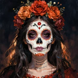 Illustration of a sugar skull day of the dead girl, art by junji ito