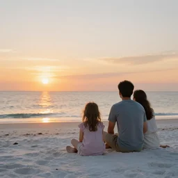 a man, his daughter and his wife sitting on a white sand beach watching the sunset, highly detailed photograph high definition nef 8 k