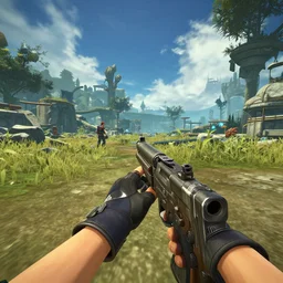 Kingdom Hearts 3 as a First Person Shooter game, Sora with a gun, Fallout 4 inspired screenshot of kingdom hearts 3, uhd 4k, unreal engine 5, stumming visuals with rtx on