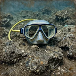 nuanced rocky sea floor glimmering thin contours mixed media aged fresco, abandoned scuba visor