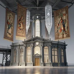 steel factory designed victorian bank, hanging tapestries, crystals, light dust, by peter mohrbacher dan mumford craig mullins nekro, cgsociety, pixiv, volumetric light, 3 d render