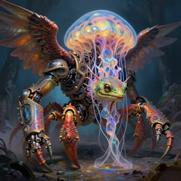 sci - fi biomechanical, colored monster character design, fantasy. intricate jellyfish crab eagle lizard biomechanical. by ernst haeckel