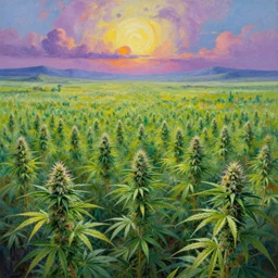 cannabis fields on a beautiful alien landscape, colorful oil painting, highly detailed