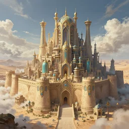 amazing beautiful persian chaos castle in the desert, art nouveau architecture, massive ramparts, hyperdetailed infrastructure by greg rutkowski, moebius and rodney matthews, artstation, epic fantasy atmosphere, clouds, photorealism, complex color scheme, uhd