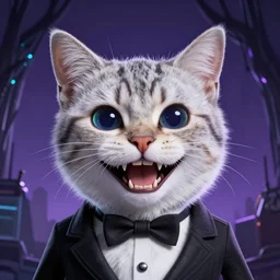 les guignols de l'info cat smiling hard happy felin portrait tim burton teeth movie poster cyberpunk