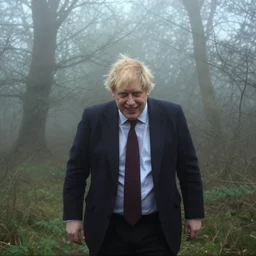 low quality iphone photo of boris johnson standing ominously deep in the foggy woods with a demonic smile in his face, low visibility creepy, grainy, trail cam footage