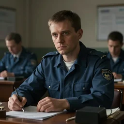 a cinematic painting of a male prison guard, sat at a desk, ultra realistic, dramatic, soft light, dreamy, facial features, detailed, deep focus, movie still, dramatic lighting, ray tracing, by anton semenov and annie leibovitz