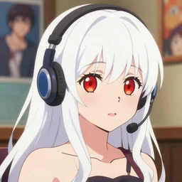 anime film portrait of a cute ( ( ( red eyed girl ) ) ) with ( ( ( white hair + long ) ) ) wearing a headset in her room interior. poster art by ilya kuvshinov, katsuhiro otomo, headshot, cute face, kentaro miura, bokeh