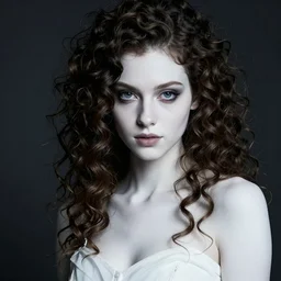 close up, professional studio photo of a young gorgeous goth girl, beautiful facial expressions, porcelain looking skin, friendly, introverted, curly hairstyle, graceful slim body, dressed in white, dark moody lighting, by annie leibovitz and boris vallejo, epic atmospheric, intricate, neat