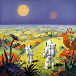 grainy science fiction concept art of two cosmonauts exploring a vast unknown world, vintage, large colorful flora, alien world, two muted suns in the sky, moebius color palette, painting by moebius and satoshi kon and dirk dzmirsky