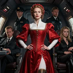 masterpiece concept art, a beautiful highly detailed sci - fi renaissance lady in cabin of pilot, confident pose, cinematic moody colors, realistic shaded lighting poster by ilya kuvshinov, magali villeneuve, artgerm, jeremy lipkin and michael garmash and rob rey, 8 k, intricate detail, cinematic lighting, red white and black colors