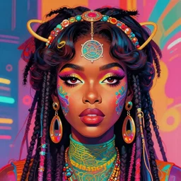 colorful character portrait of a black female hippie 1 9 6 0 s vibe, set in the future 2 1 5 0 | highly detailed face | very intricate | symmetrical | cinematic lighting | award - winning | painted by mandy jurgens | pan futurism, dystopian, bold colors, cyberpunk, groovy vibe, anime aesthestic | featured on artstation