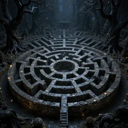 dense dark labyrinth maze of stone and gnarled black trees, night, volumetric lighting, 8 k octane beautifully detailed render, post - processing, extremely hyper - detailed, intricate, epic composition, intricate, trending on artstation, stunning art by anders zorn, wonderful masterpiece by ken kelly
