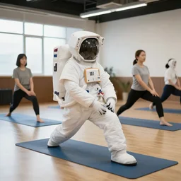 an astronaut in yoga class