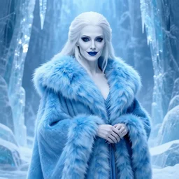 Full body Portrait of a female cryomancer, pale white skin, dark blue eyes, gorgeous lady, sky-blue thick fur robes, beautiful face, dark blue lipstick, cold smile, pillars of ice background, extremely detailed, by frank franzzeta, mcbess, WLOP, Genzoman and gary gygax, trending on artstation, artstationHD, artstationHQ, deviantart, 16K, HD, matte painting, vibrant colors