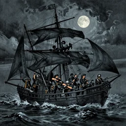 night piracy, extremely detailed masterpiece, Roger Deakin’s cinematography, illustration, by Michael Sowa,