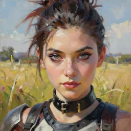 oil painting of tracer overwatch in a field, in style of mark arian, expressive face, very detailed face, wearing black leather choker, very detailed eyes, full body, feminine face, detailed makeup on eyes,