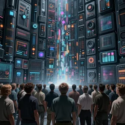 cinematic shot epic group of humans, hyper realistic, mood lighting, fantasy, detailed wall of image creations, supercomputers, singularity, highly detailed, super realistic, perfect lighting pixel sorting, style sheet