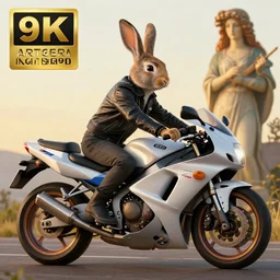 a bunny wearing a leather jacket, riding a suzuki dr 6 0 0 motorcycle, golden hour, highly detailed, digital painting, artstation, concept art, matte, sharp focus, highly detailed, 4 k, hdr, smooth, sharp focus, high resolution, award - winning photo, photorealistic, art by artgerm and greg rutkowski and alphonse mucha, large shot