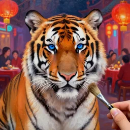 a highly realistic oil painting of a tiger with seablue eyes, in the background you can see a chinese new year party going on with bright neon colors and with a old dirty sable hair brush