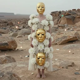 The full body shot of beautiful pale woman with white flowers and full-face golden mask in a rocky desert landscape, multiple eyes by Denis Villeneuve, Lubezki, Gaspar Noe and Christopher Doyle, anamorphic lens, anamorphic lens flares, kodakchrome, cinematic composition, practical effects, award winning photo, 8k