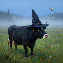 a detailed matte landscape painting of a cow standing in a grassy field wearing a witch hat, cow wearing hat!!!! viewed in profile, fog and flying glowing moths in the background, ultrawide lens, aerial photography, black and blue color scheme with gold highlights, art by greg rutkowski and paul kidby in a silly and cartoony art style, artstation, 8 k