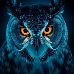 close up portrait of a gray owl attacking, bright golden eyes in the night, blue night lighting, symmetric, album cover art, highly detailed, digital painting, artstation, concept art, sharp focus, cinematic lighting, illustration, art by artgerm and greg rutkowski, alphonse mucha, cgsociety