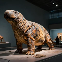ancient dinosaur specimen of a paleolithic walrus, on display in a fossil museum