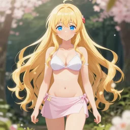 a very beautiful young anime flower girl, full body, long wavy blond hair, sky blue eyes, full round face,, bikini, miniskirt, front view, mid - shot, highly detailed, cinematic wallpaper by stanley artgerm lau