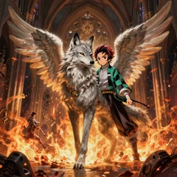 A epic and beautiful rococo painting of a angelic werewolf inside a burning cathedral. demon slayer style. ultra-detailed. Anime, pixiv, UHD 8K CryEngine, octane render