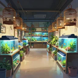 wide angle two - point - perspective panoramic anime background clean neat clarity professional visual development set design, tiny cozy store with hanging bird cages and bright fish aquariums, sparse planted terrariums, dim painterly lighting volumetric aquatics, impasto, trending on pixiv