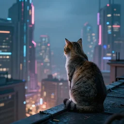 Stray cat sitting on a roof watching a cyberpunk futuristic city, ultra realistic, unreal engine