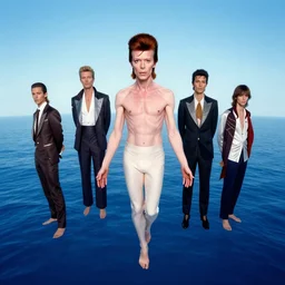 Floating david bowies over a blue ocean, Darek Zabrocki, Karlkka, Jayison Devadas, Phuoc Quan, trending on Artstation, 8K, ultra wide angle, pincushion lens effect.