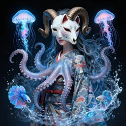 3 d goddess octopus half - turn portrait with long hair with ram skull. beautiful intricately detailed japanese crow kitsune mask and clasical japanese kimono. betta fish, jellyfish phoenix, bio luminescent, plasma, ice, water, wind, creature, artwork by tooth wu and wlop and beeple and greg rutkowski