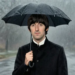 rain of Beatles Member, in the style of Magritte, lots of music details