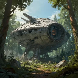 a giant megastructure spaceship wrecked and lost in the forest, detailed digital art by greg rutkowski.