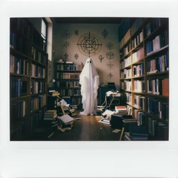 polaroid of messy library, poltergeist, liminal, hidden ghost. goetic sigils on walls.